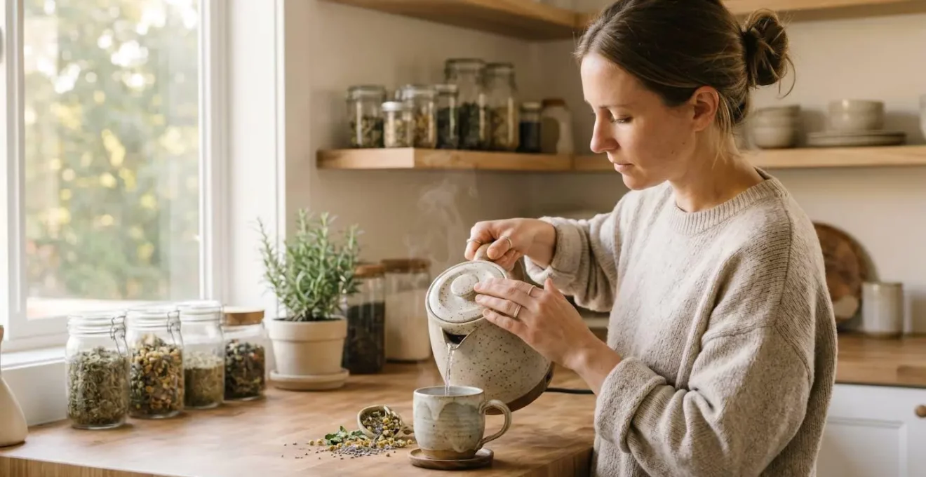 Femme préparant une tisane de plantes médicinales dans une cuisine baignée de lumière naturelle