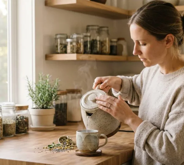 Femme préparant une tisane de plantes médicinales dans une cuisine baignée de lumière naturelle
