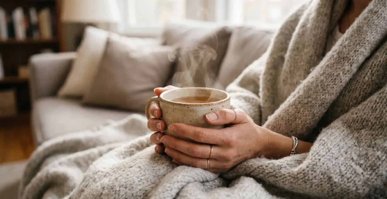Mains tenant une tasse de tisane fumante enveloppées dans un plaid doux, ambiance cocooning