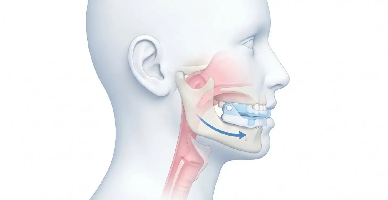 Illustration 3D montrant une orthèse d'avancée mandibulaire en place, avec la mâchoire avancée et les voies aériennes élargies