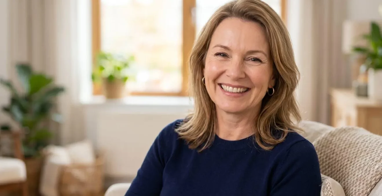 Résultat naturel d'un rajeunissement facial sans effet figé, montrant une patiente souriante avec des traits détendus