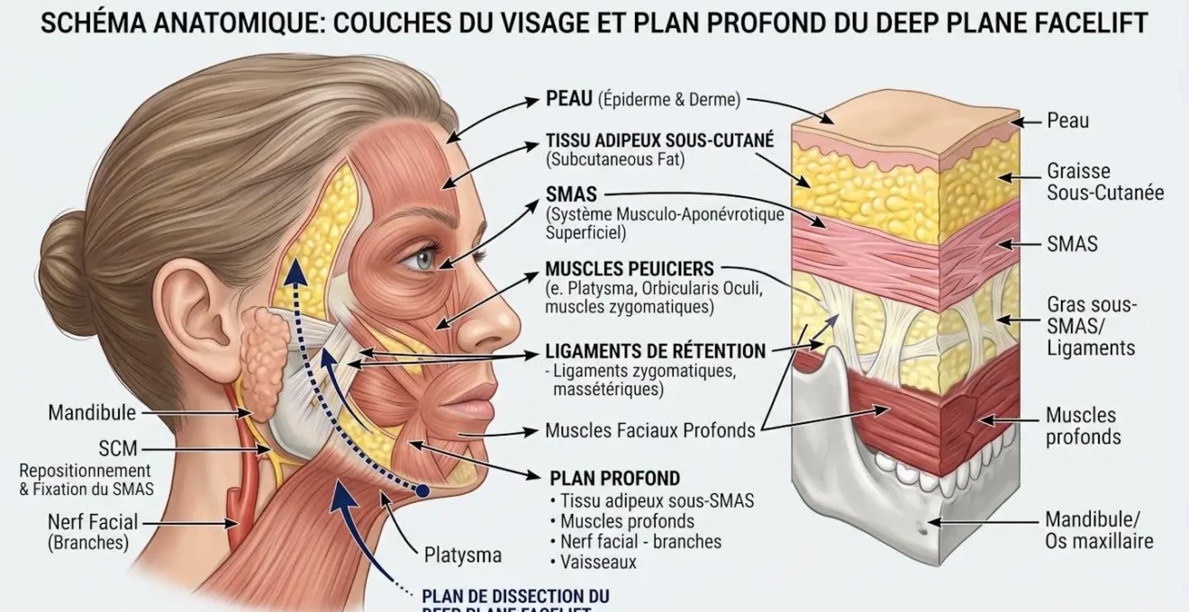 Schéma anatomique montrant les différentes couches du visage et le plan profond du Deep Plane Facelift