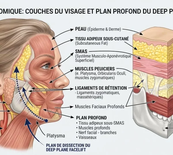 Schéma anatomique montrant les différentes couches du visage et le plan profond du Deep Plane Facelift