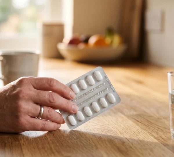 Main tenant une plaquette de comprimés vierge à la lumière douce du matin, symbolisant la prise responsable d'un traitement antibiotique