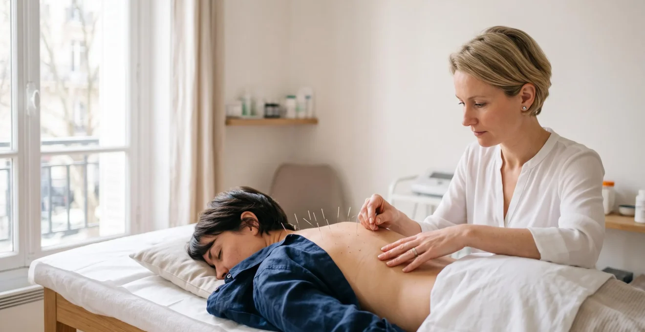 Seance d'acupuncture professionnelle traitant migraines, nausees et douleurs chroniques dans un cabinet medical francais