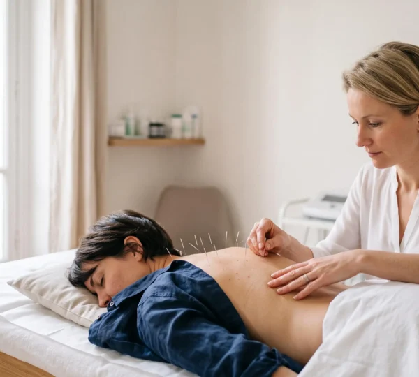 Seance d'acupuncture professionnelle traitant migraines, nausees et douleurs chroniques dans un cabinet medical francais