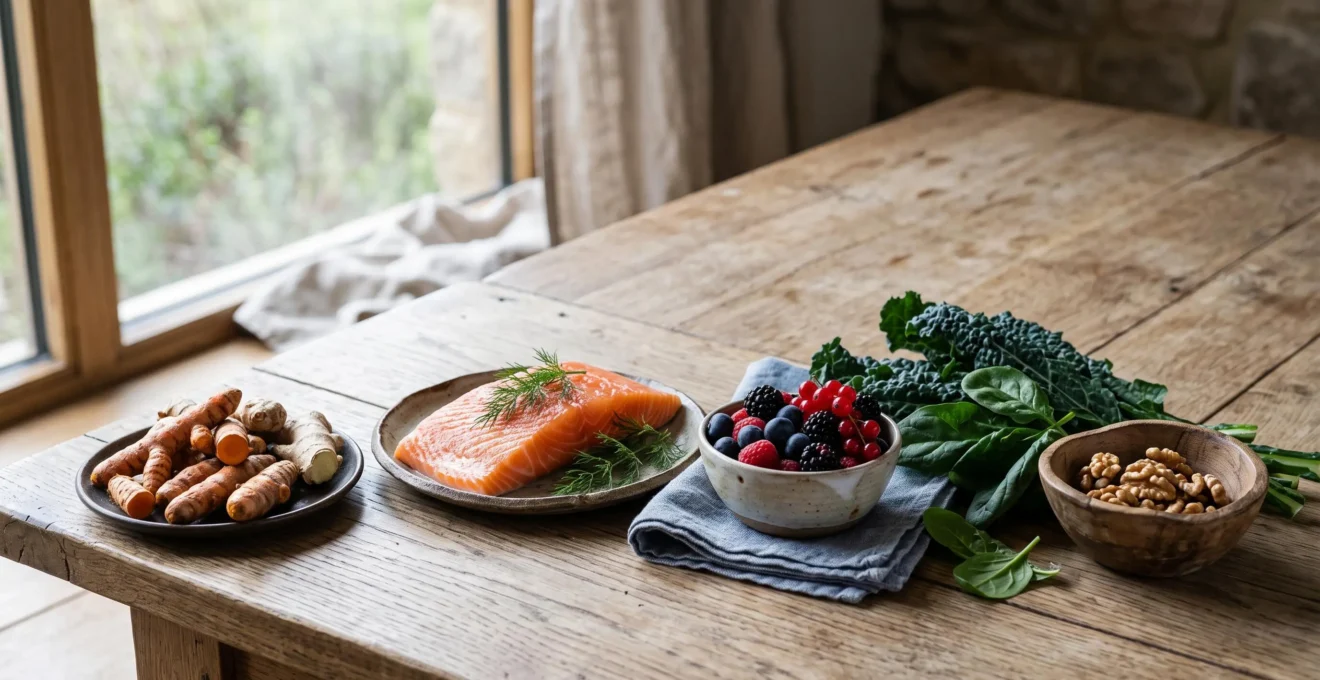 Assortiment d'aliments anti-inflammatoires colorés disposés sur une table en bois, incluant curcuma, gingembre, poisson gras, baies et légumes verts