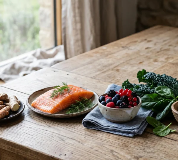 Assortiment d'aliments anti-inflammatoires colorés disposés sur une table en bois, incluant curcuma, gingembre, poisson gras, baies et légumes verts