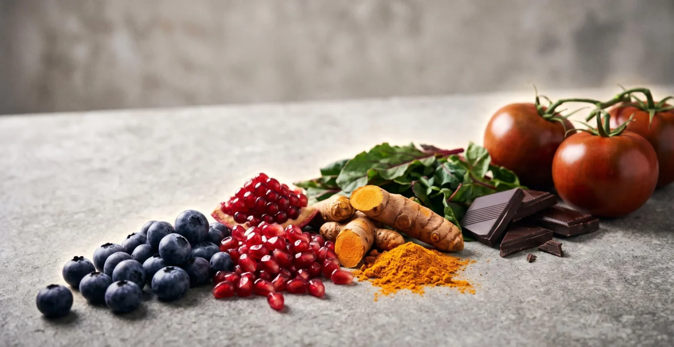 Assortiment coloré d'aliments riches en antioxydants disposés harmonieusement, symbolisant la protection cellulaire au quotidien