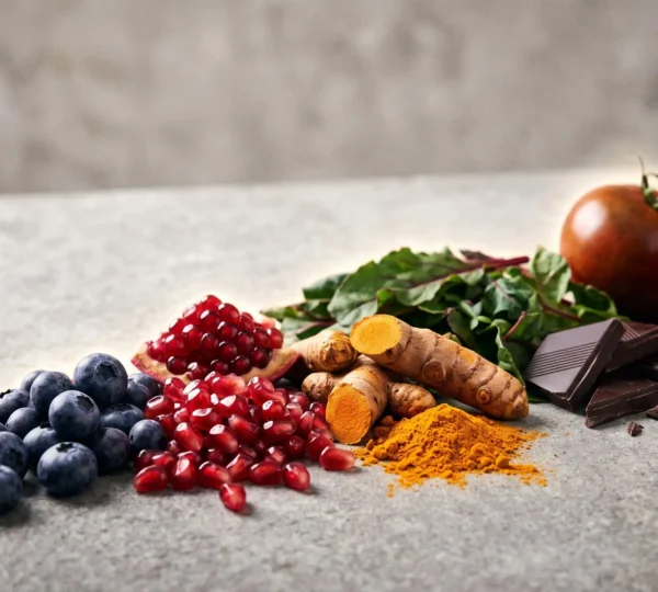 Assortiment coloré d'aliments riches en antioxydants disposés harmonieusement, symbolisant la protection cellulaire au quotidien