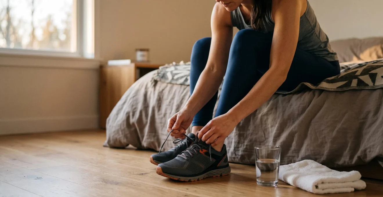 Personne nouant ses chaussures de sport au lever du jour dans une chambre minimaliste, symbole d'une nouvelle habitude santé qui s'ancre jour après jour