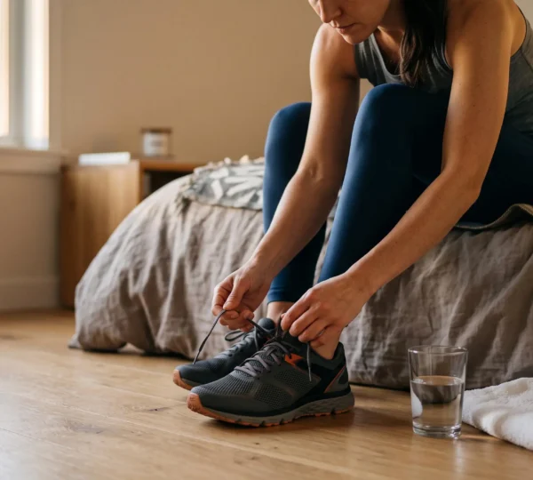 Personne nouant ses chaussures de sport au lever du jour dans une chambre minimaliste, symbole d'une nouvelle habitude santé qui s'ancre jour après jour