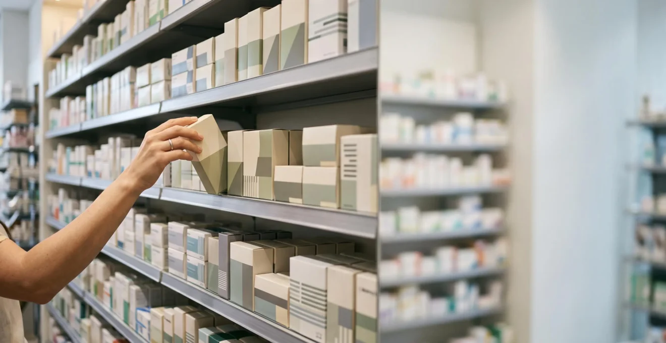 Rayon de pharmacie présentant plusieurs boîtes de médicaments antalgiques sans ordonnance, vue d'ensemble éditoriale