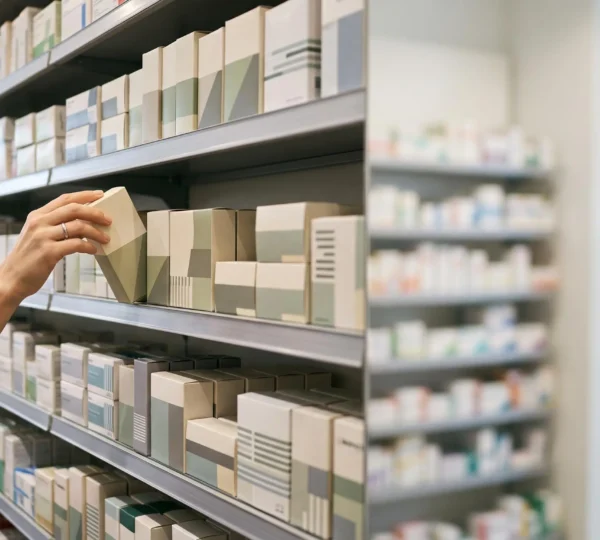 Rayon de pharmacie présentant plusieurs boîtes de médicaments antalgiques sans ordonnance, vue d'ensemble éditoriale