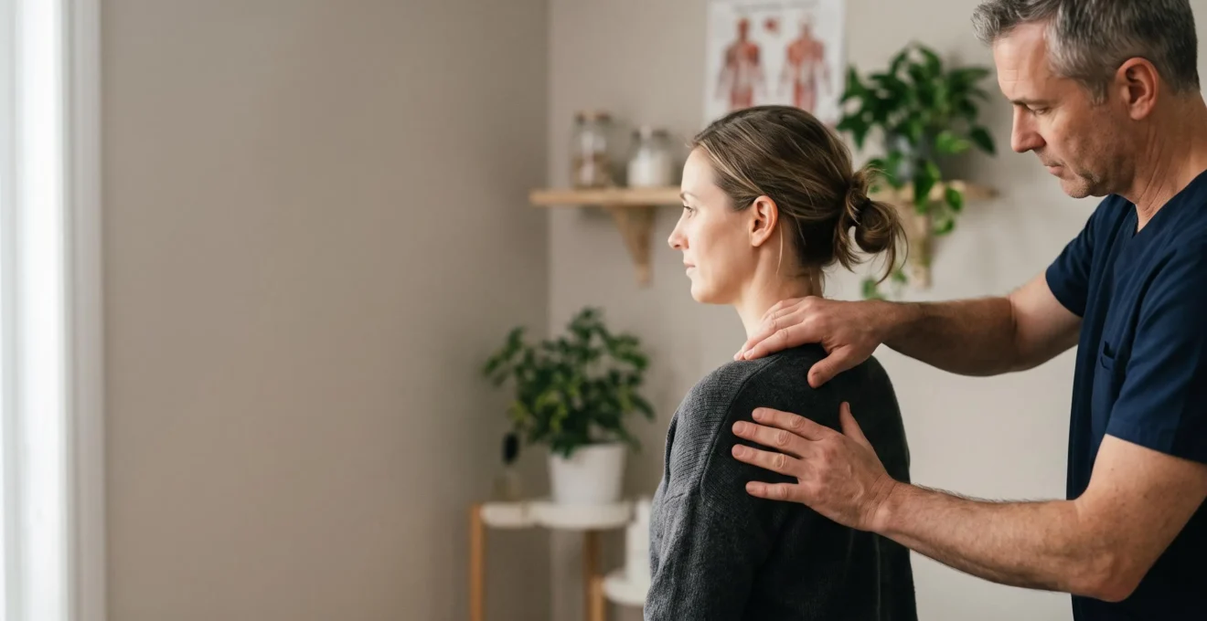 Ostéopathe DO examinant avec attention le dos d'un patient lors d'une consultation professionnelle dans un cabinet lumineux