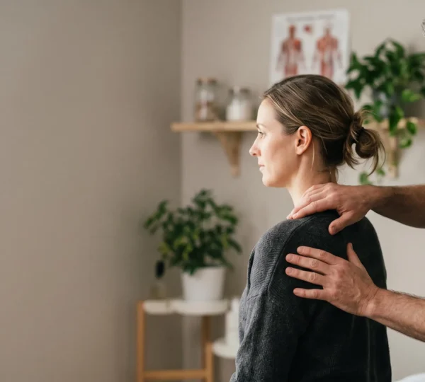Ostéopathe DO examinant avec attention le dos d'un patient lors d'une consultation professionnelle dans un cabinet lumineux