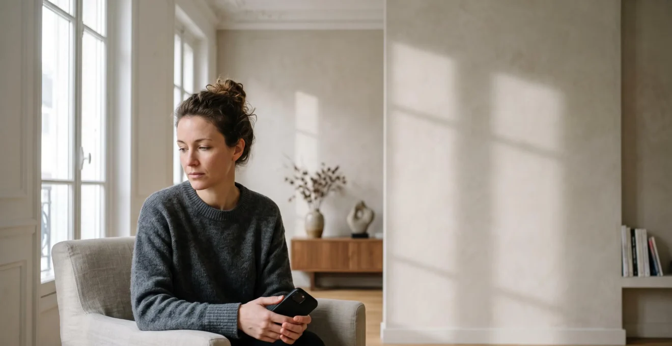 Personne assise dans un salon lumineux tenant un smartphone, symbolisant le choix entre plusieurs plateformes de téléconsultation médicale