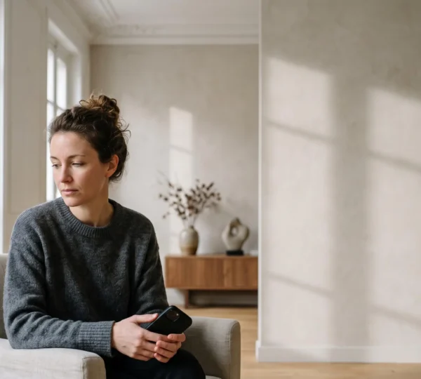 Personne assise dans un salon lumineux tenant un smartphone, symbolisant le choix entre plusieurs plateformes de téléconsultation médicale