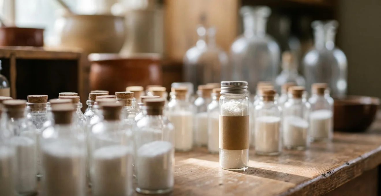Rangée de petits flacons de granules homéopathiques disposés en éventail, avec un flacon central mis en lumière pour symboliser le choix parmi de nombreuses options