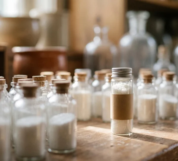 Rangée de petits flacons de granules homéopathiques disposés en éventail, avec un flacon central mis en lumière pour symboliser le choix parmi de nombreuses options