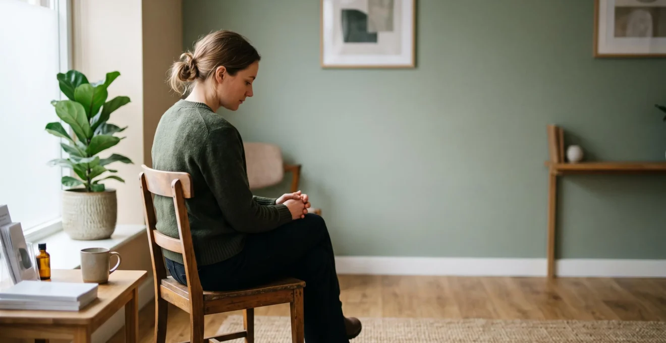Une personne assise dans une salle d'attente lumineuse et épurée, s'apprêtant à consulter un professionnel de santé mentale