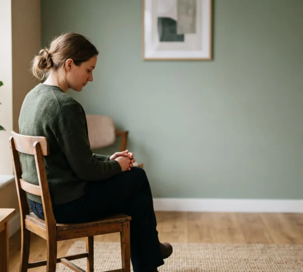 Une personne assise dans une salle d'attente lumineuse et épurée, s'apprêtant à consulter un professionnel de santé mentale