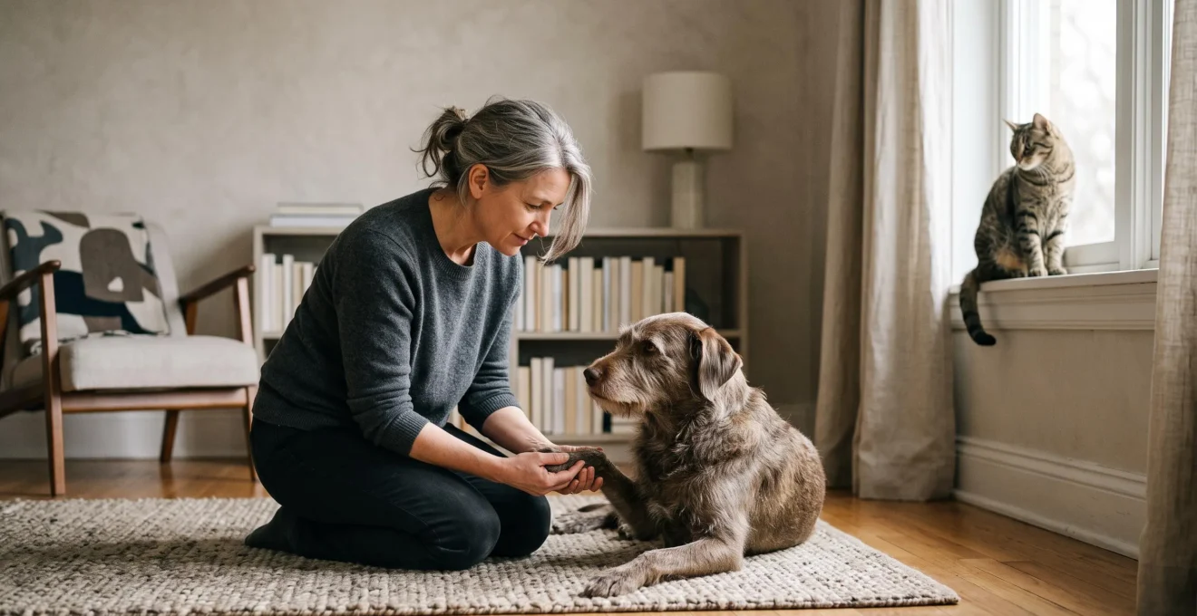 Propriétaire attentif observant son chien et son chat lors d'un moment de soin quotidien à la lumière naturelle