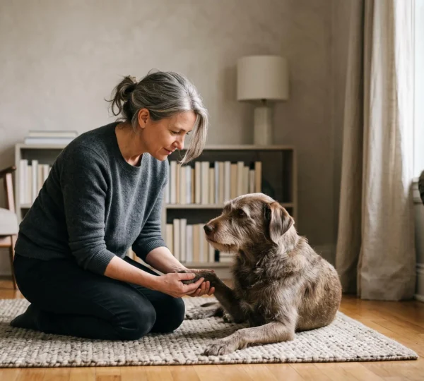 Propriétaire attentif observant son chien et son chat lors d'un moment de soin quotidien à la lumière naturelle