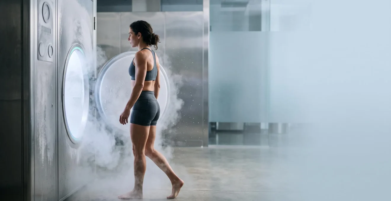 Silhouette entrant dans une chambre de cryothérapie corps entier baignée de brume glacée, symbole de récupération et de réduction de l'inflammation
