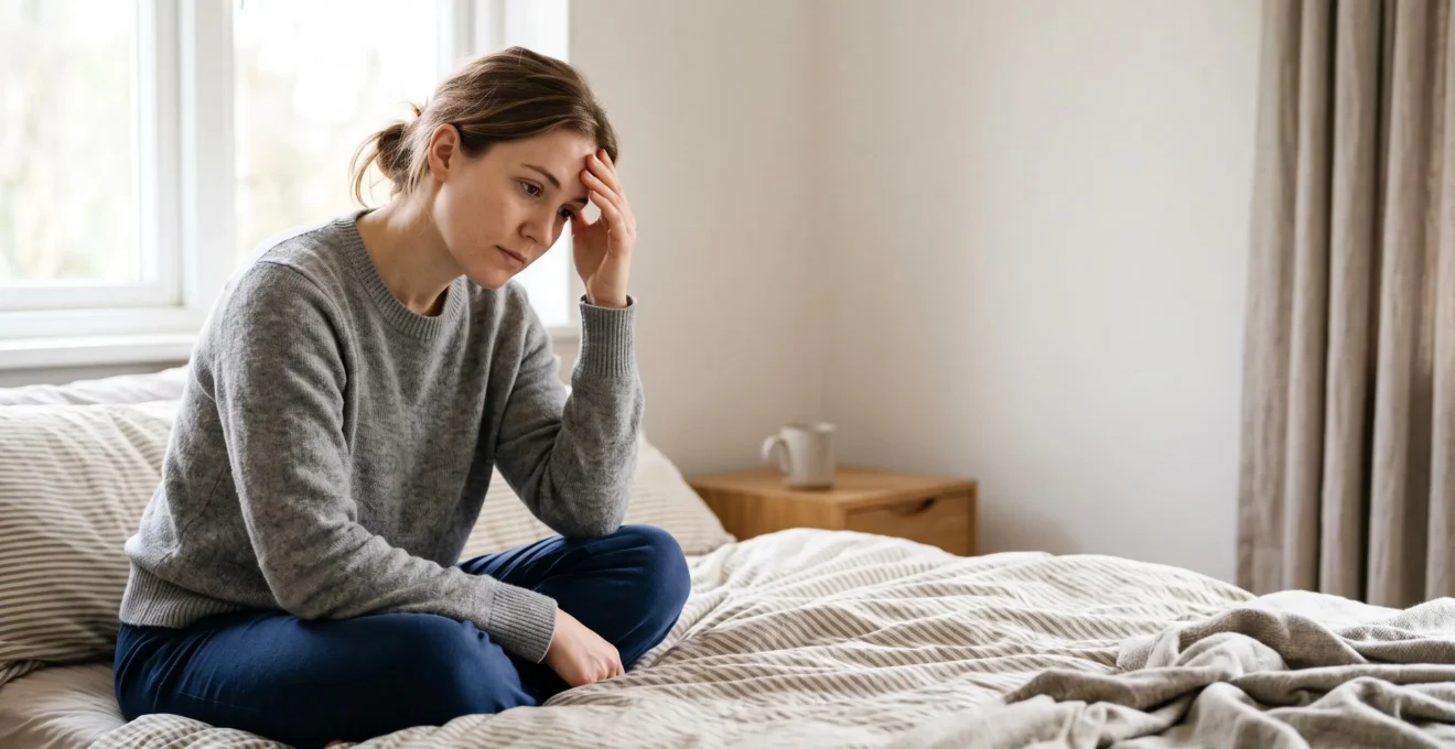 Une personne assise à la lumière naturelle, main sur le front, dans un moment de doute entre repos à la maison et décision de consulter en urgence