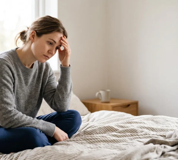 Une personne assise à la lumière naturelle, main sur le front, dans un moment de doute entre repos à la maison et décision de consulter en urgence