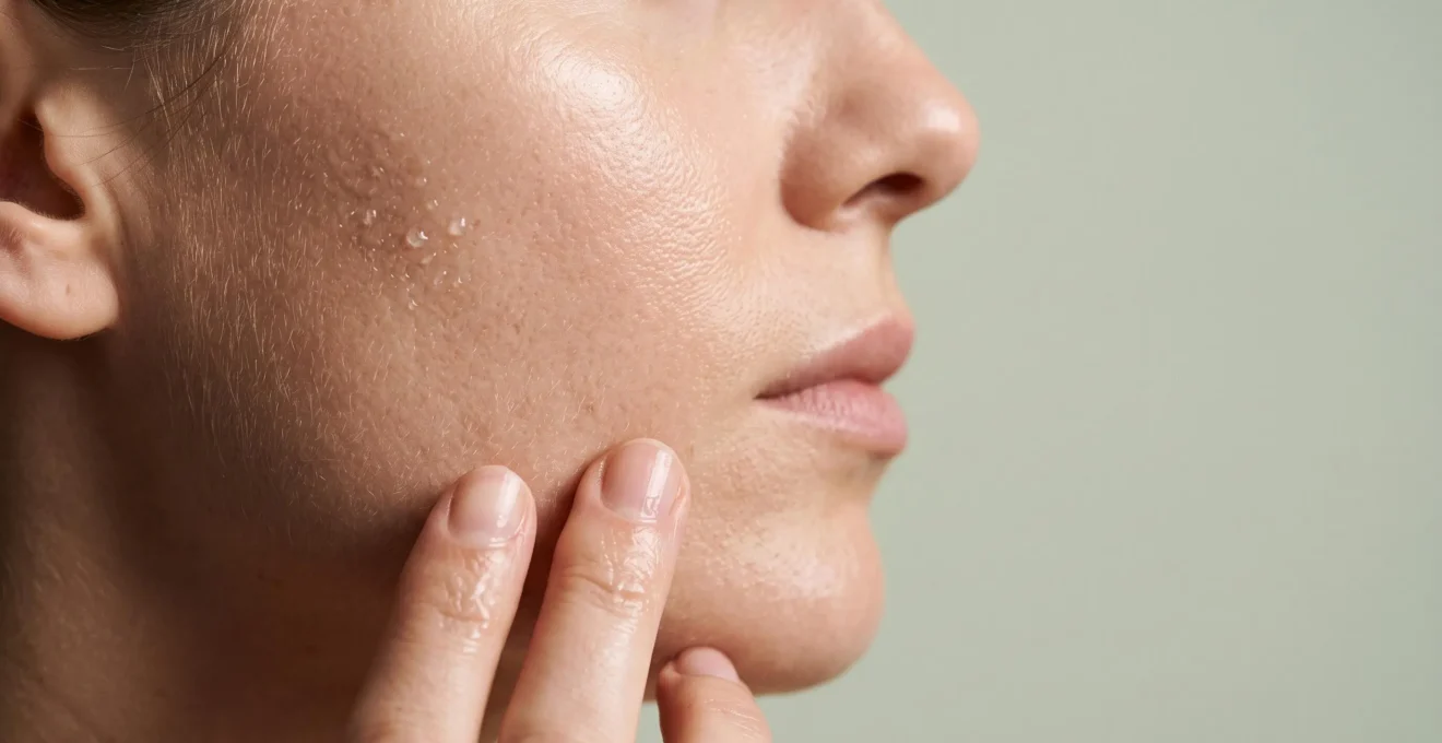 Gros plan artistique sur une texture de peau saine et lumineuse illustrant une exfoliation douce et équilibrée