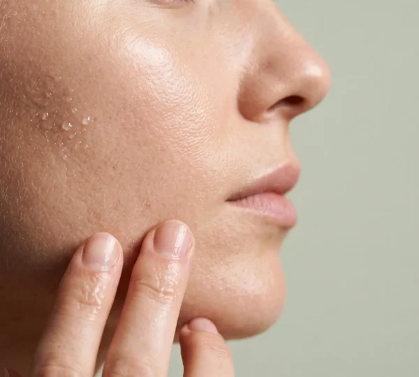 Gros plan artistique sur une texture de peau saine et lumineuse illustrant une exfoliation douce et équilibrée