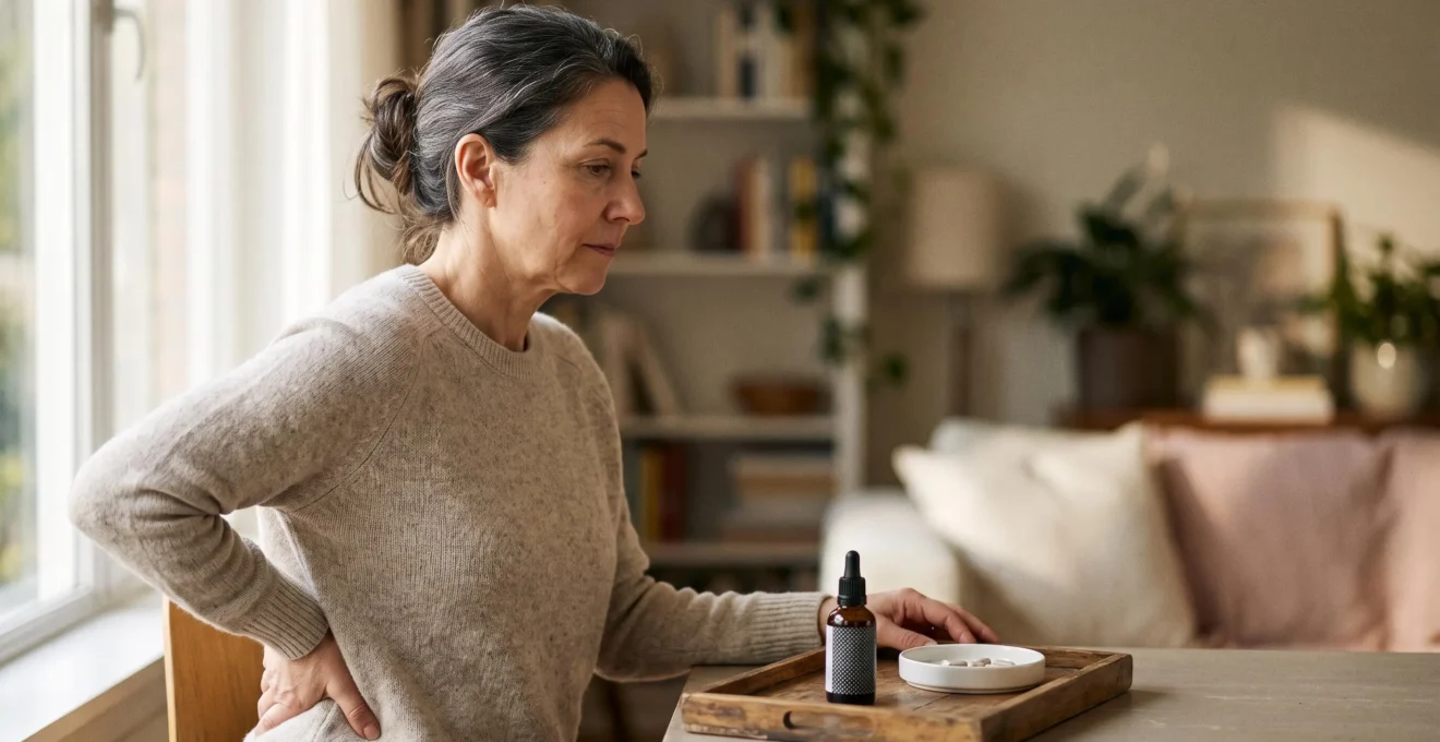 Une personne tenant delicatement dans chaque main un element symbolisant la medecine conventionnelle et une approche complementaire, illustrant l'equilibre entre les deux approches pour soulager une douleur chronique.