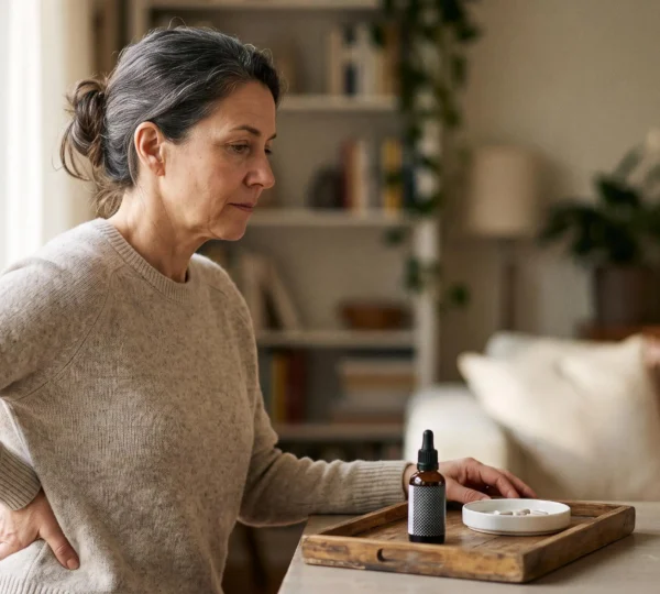 Une personne tenant delicatement dans chaque main un element symbolisant la medecine conventionnelle et une approche complementaire, illustrant l'equilibre entre les deux approches pour soulager une douleur chronique.