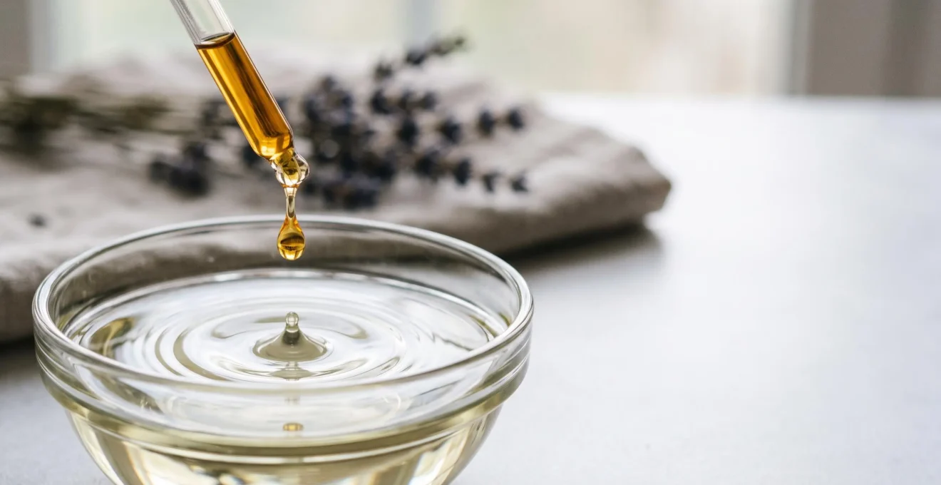 Flacon d'huile essentielle laissant tomber une goutte dans un flacon d'huile végétale, symbole de dilution sécurisée