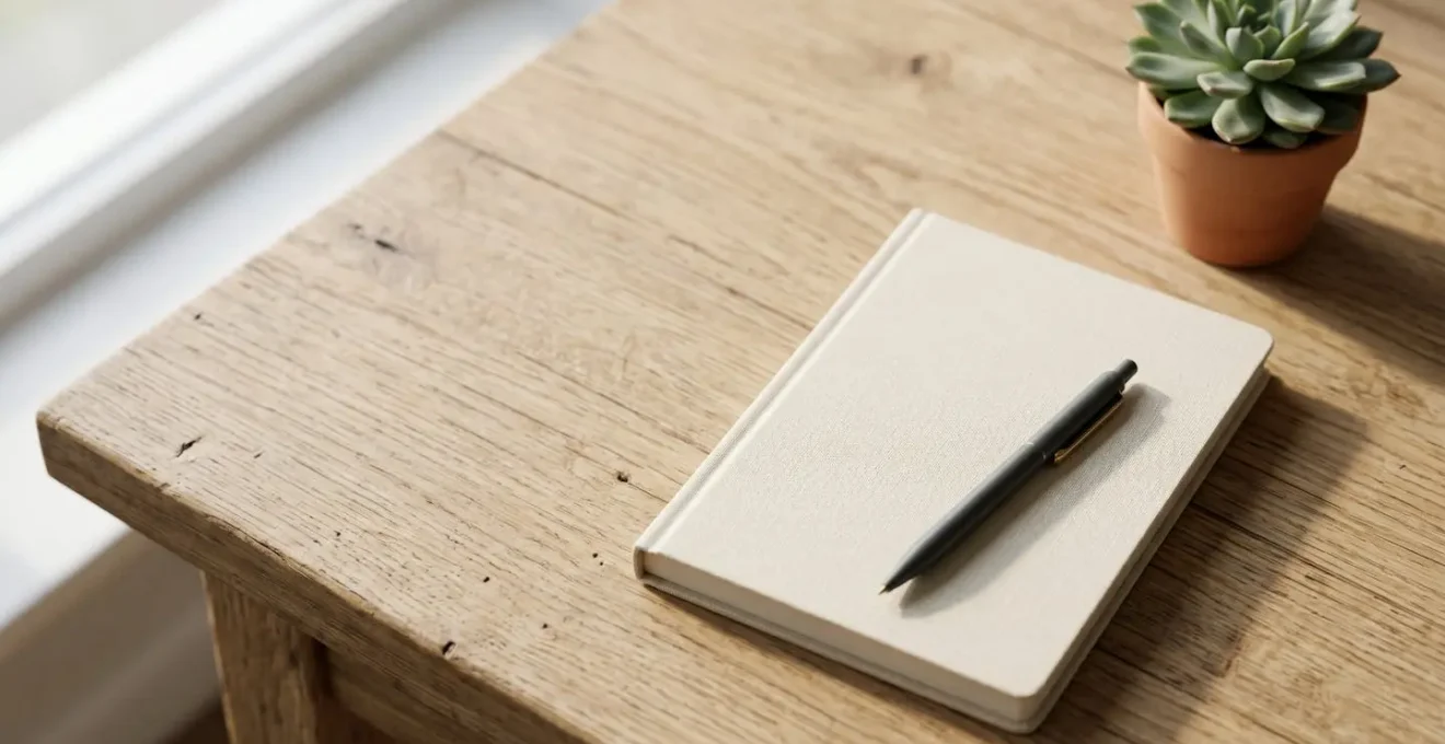 Carnet de santé ouvert posé sur une table, stylo à proximité, lumière naturelle douce, prêt pour la notation quotidienne des symptômes