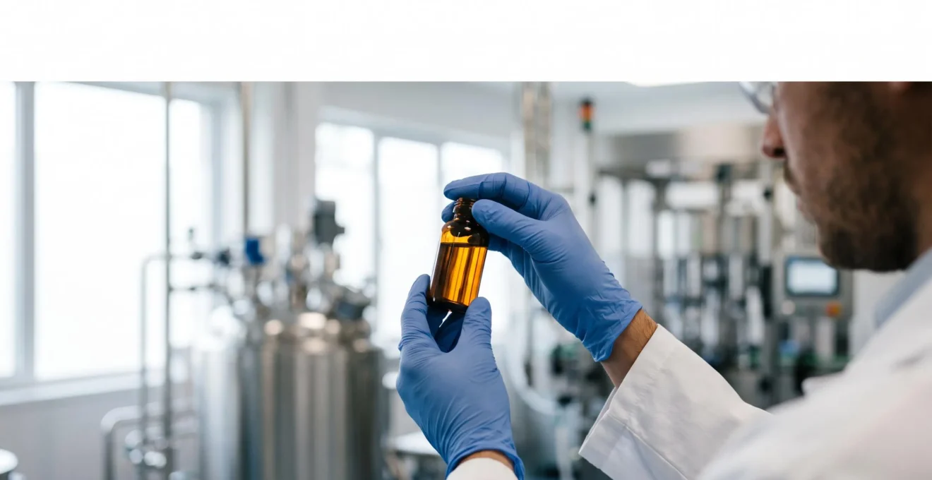 Mains gantées tenant délicatement un flacon de médicament sous une lumière de laboratoire douce, symbole de rigueur et de confiance pharmaceutique