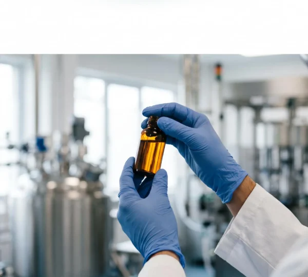 Mains gantées tenant délicatement un flacon de médicament sous une lumière de laboratoire douce, symbole de rigueur et de confiance pharmaceutique