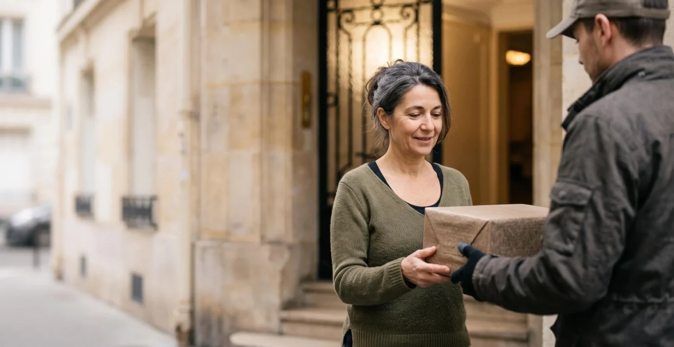 Un livreur remet un colis de médicaments à une patiente à la porte de son appartement en France