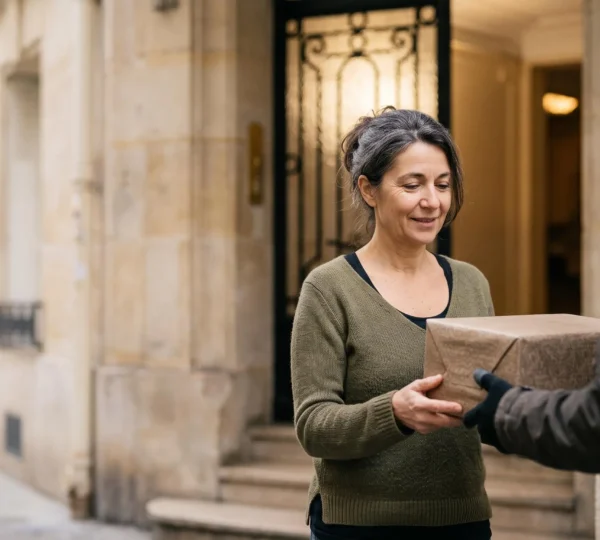 Un livreur remet un colis de médicaments à une patiente à la porte de son appartement en France