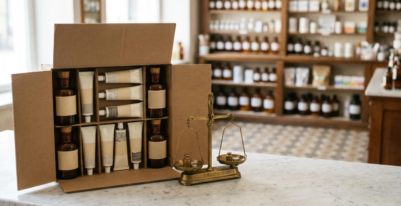 Flacons et boîtes de parapharmacie soigneusement rangés à côté d'un colis en cours de préparation, symbolisant l'équilibre entre achat en ligne économique et sécurité sanitaire
