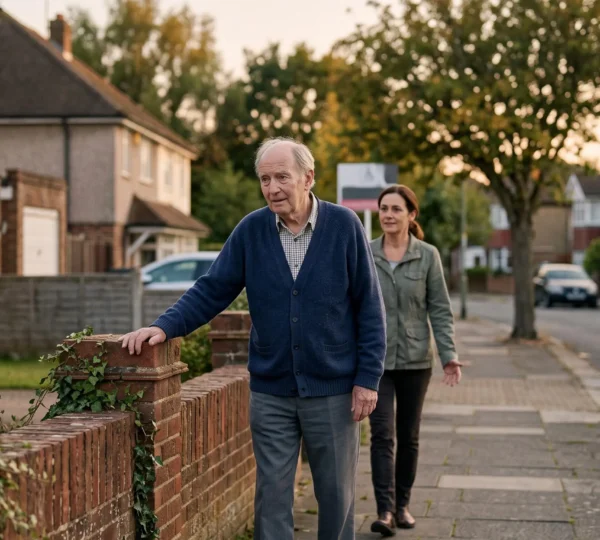 Personne âgée désorientée regardant autour d'elle dans une rue résidentielle calme, avec un proche qui s'approche pour l'aider