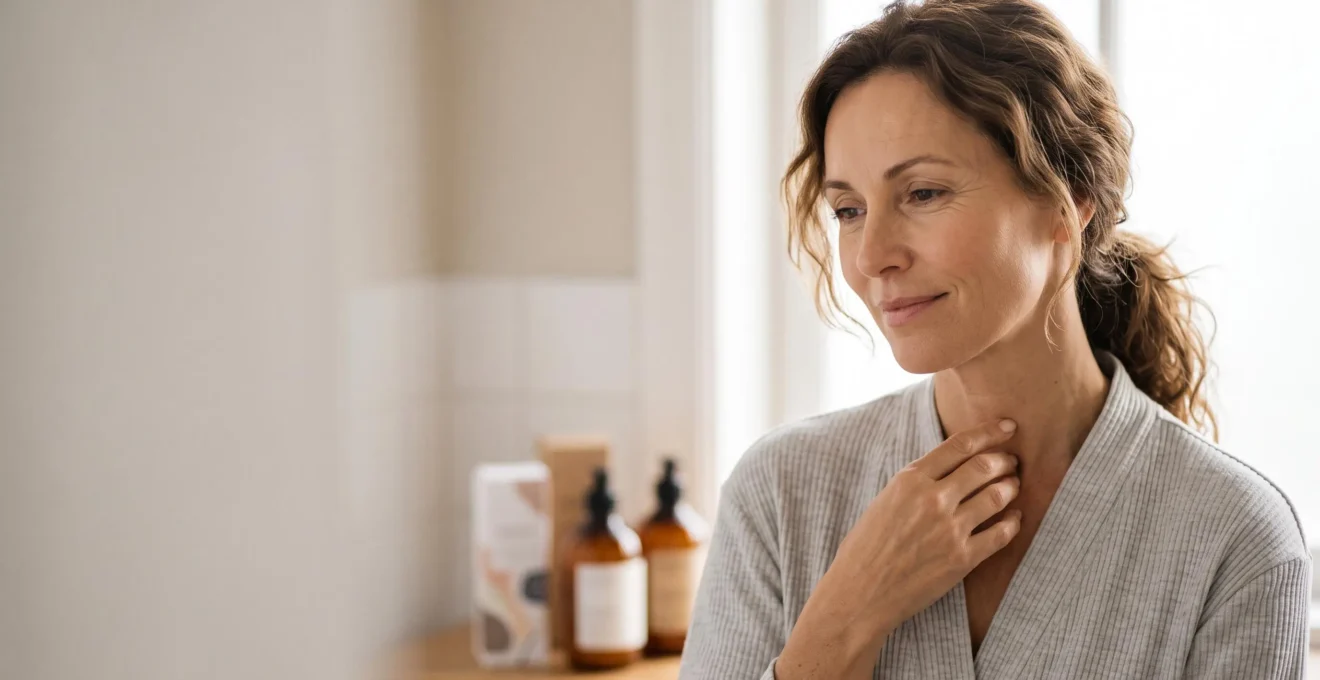 Femme de plus de 45 ans au teint lumineux illustrant les bienfaits d'une routine anti-âge au rétinol, à la vitamine C et aux peptides