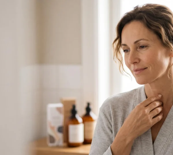 Femme de plus de 45 ans au teint lumineux illustrant les bienfaits d'une routine anti-âge au rétinol, à la vitamine C et aux peptides