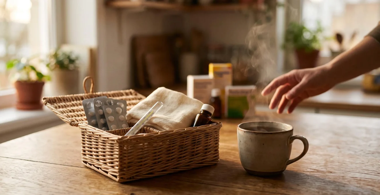 Table en bois avec une trousse à pharmacie familiale organisée, un thermomètre et une tasse de tisane, dans une lumière naturelle chaleureuse