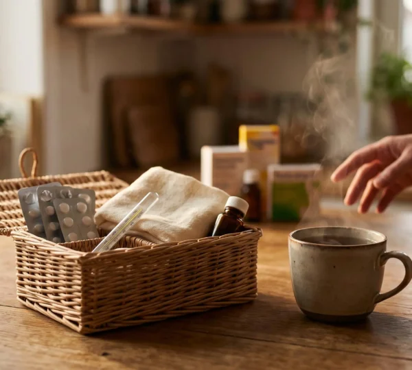 Table en bois avec une trousse à pharmacie familiale organisée, un thermomètre et une tasse de tisane, dans une lumière naturelle chaleureuse
