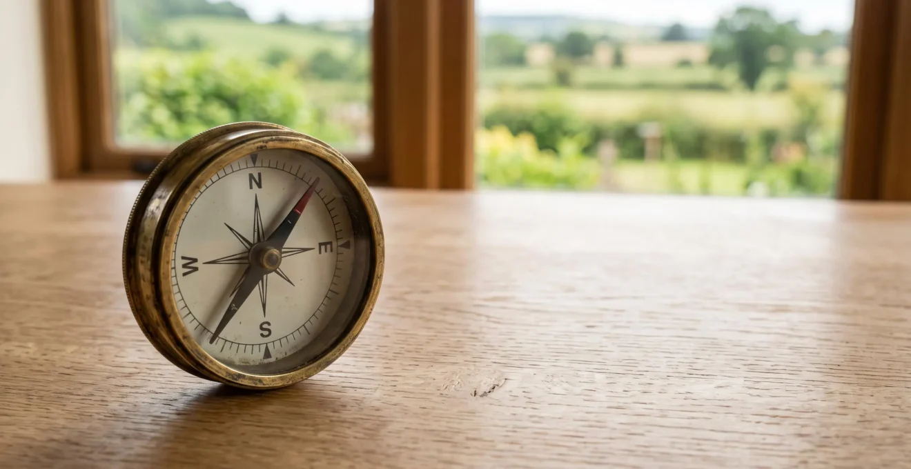 Boussole en laiton posee sur une table en bois avec un paysage naturel flou en arriere-plan, symbolisant la construction d'un plan de prevention sante personnalise