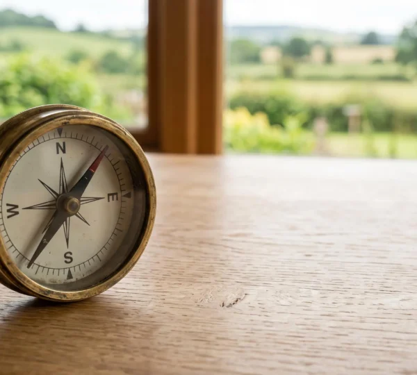 Boussole en laiton posee sur une table en bois avec un paysage naturel flou en arriere-plan, symbolisant la construction d'un plan de prevention sante personnalise