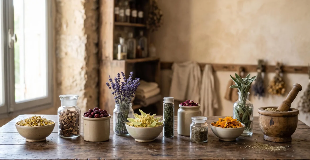 Composition éditoriale de plantes médicinales françaises séchées disposées avec soin, évoquant un usage thérapeutique sûr et traditionnel